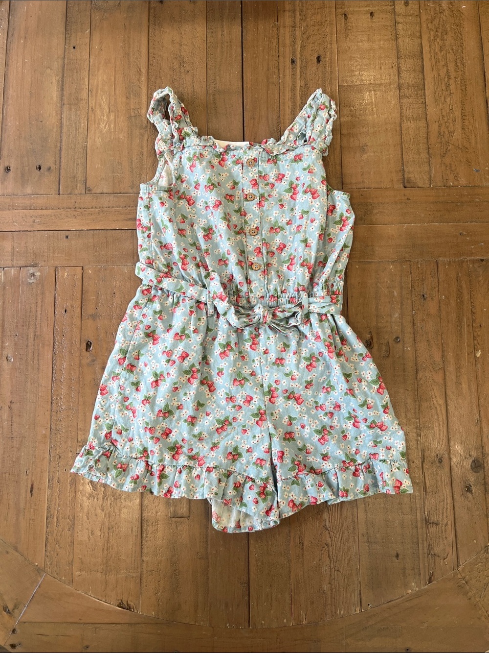 Mini Boden blue strawberry print linen blend ruffled short romper 7-8 years